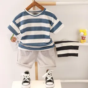 2-piece Solid Strip Short-sleeve Top and Shorts for Children