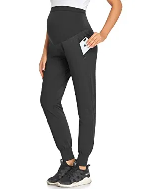 AMPOSH Women's Maternity Quick-Dry Pants Workout Scrub Joggers Pregnancy Sweatpants(Black, S)