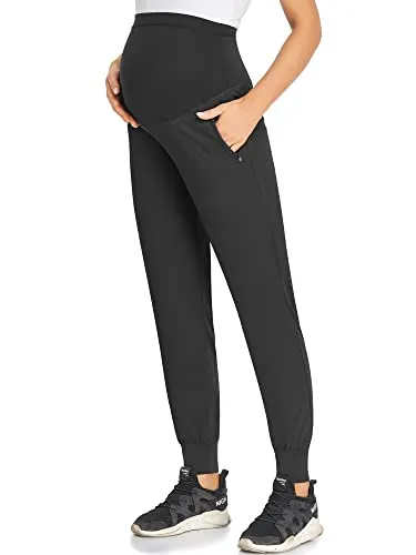 AMPOSH Women's Maternity Quick-Dry Pants Workout Scrub Joggers Pregnancy Sweatpants(Black, S)