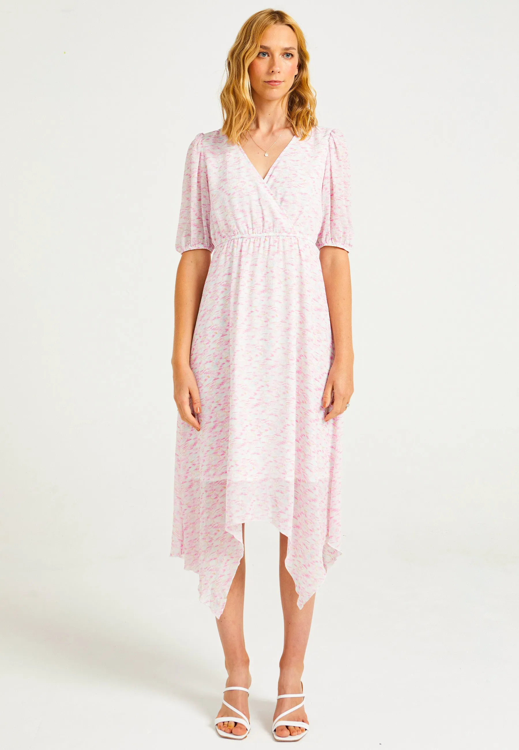 Asymmetrical Midi Dress with Faux Wrap Top in Light Pink