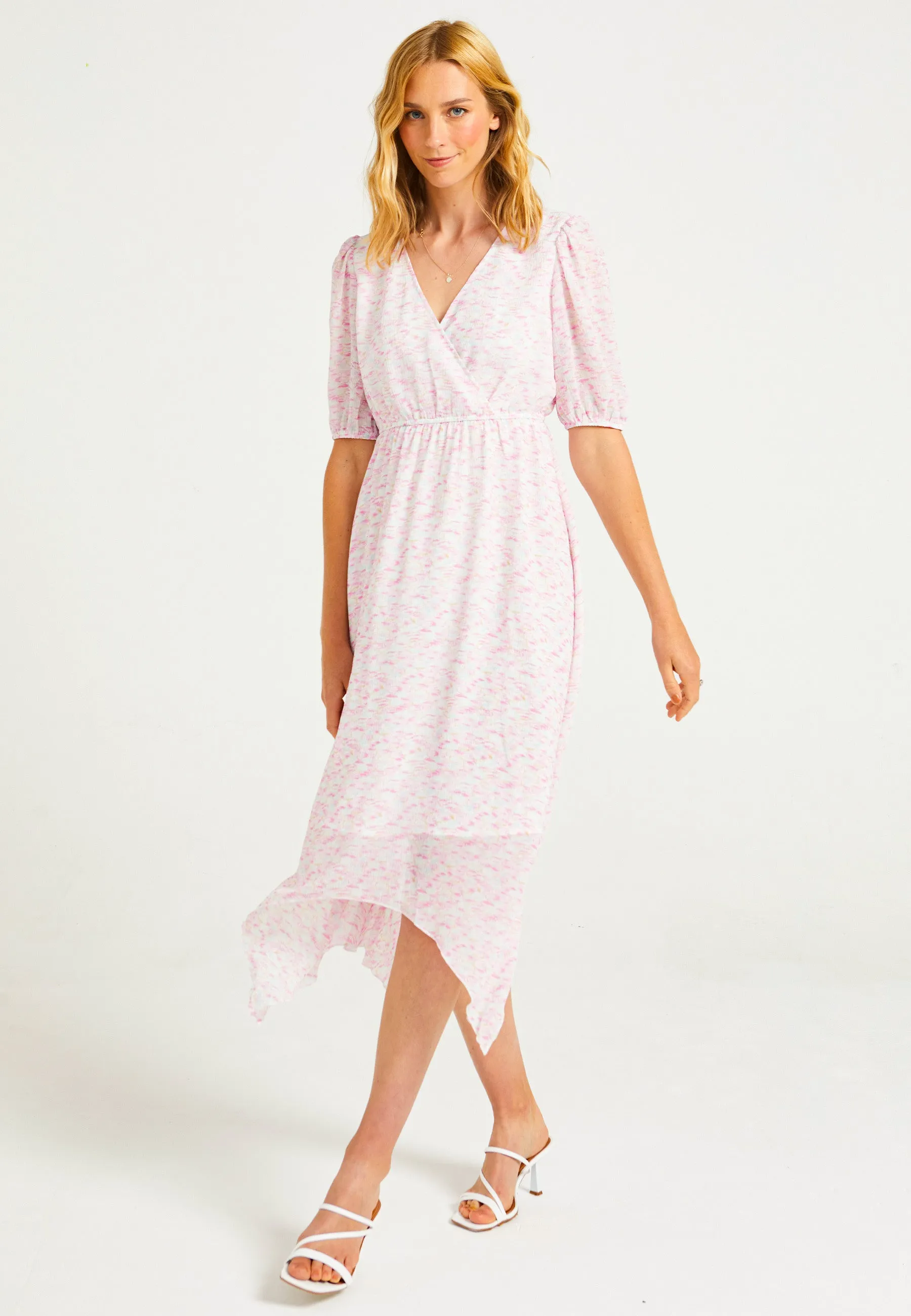 Asymmetrical Midi Dress with Faux Wrap Top in Light Pink