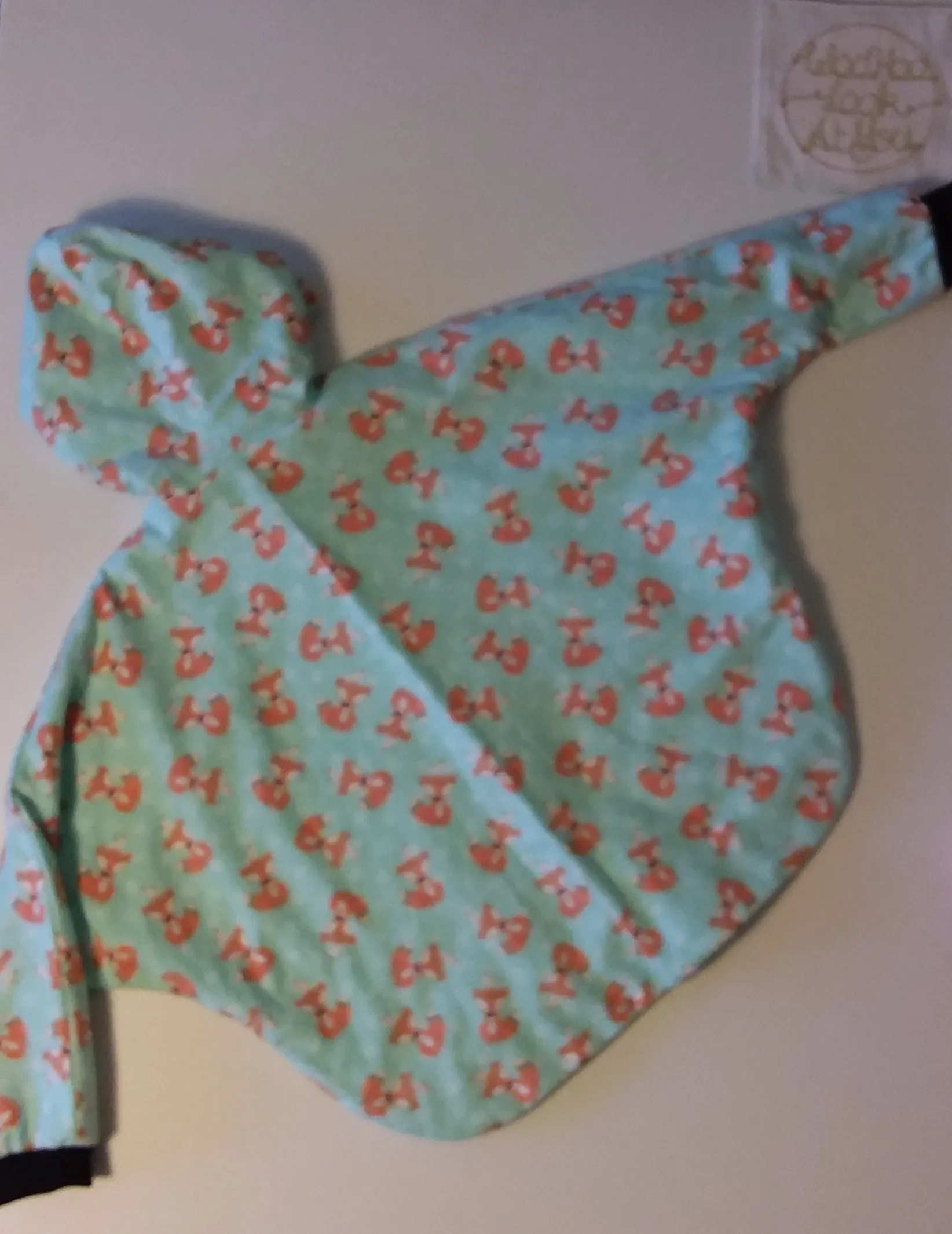 Coat - Poncho Coat/Jacket - Mint Green Lined, Fox Print, Hooded with Mint Green Heart Shape Pocket and Black Cuffs