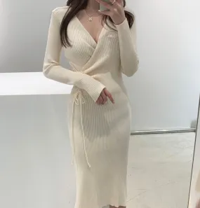 Joskaa Christmas Gift One Piece Korean Long Sleeve Sweater Dress Women High Waist Hip Bodycon Knit Dress V Neck Pullover Split Knitted Dress Vestidos