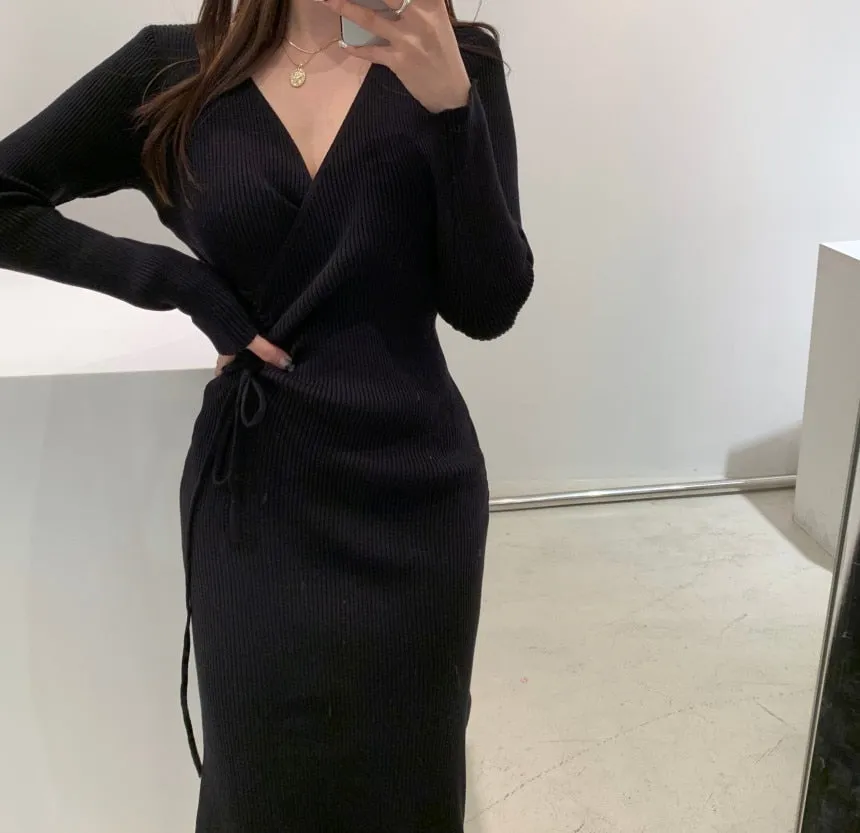 Joskaa Christmas Gift One Piece Korean Long Sleeve Sweater Dress Women High Waist Hip Bodycon Knit Dress V Neck Pullover Split Knitted Dress Vestidos