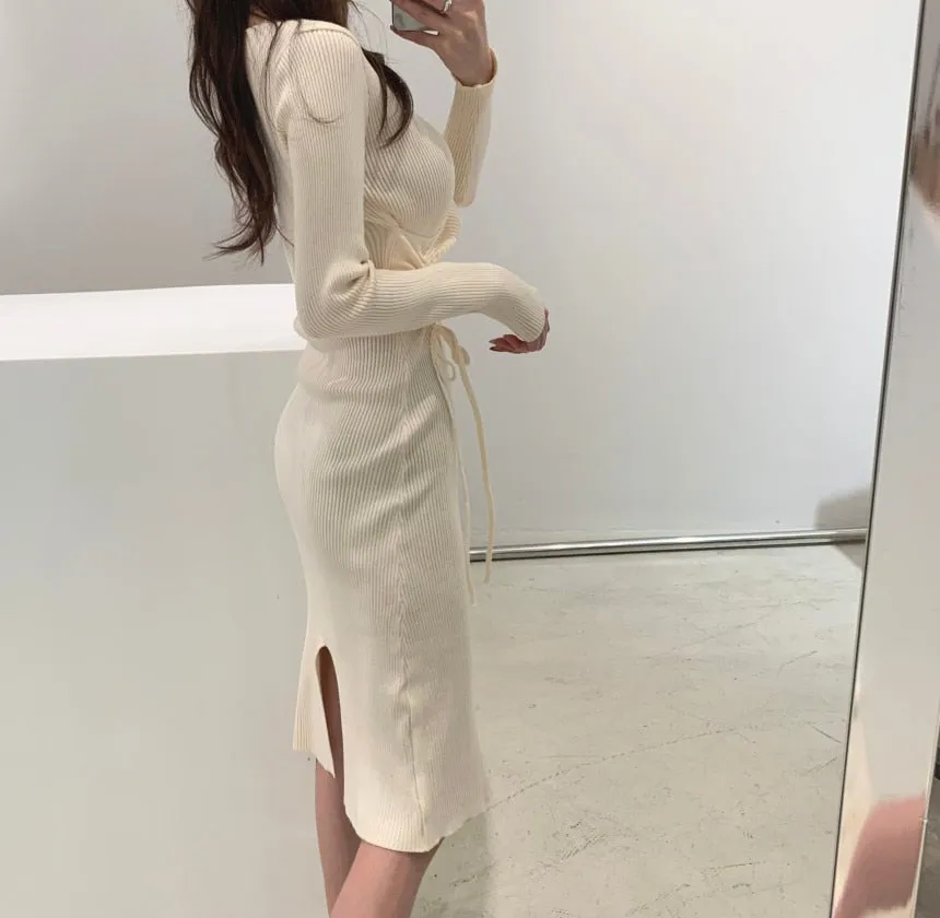 Joskaa Christmas Gift One Piece Korean Long Sleeve Sweater Dress Women High Waist Hip Bodycon Knit Dress V Neck Pullover Split Knitted Dress Vestidos
