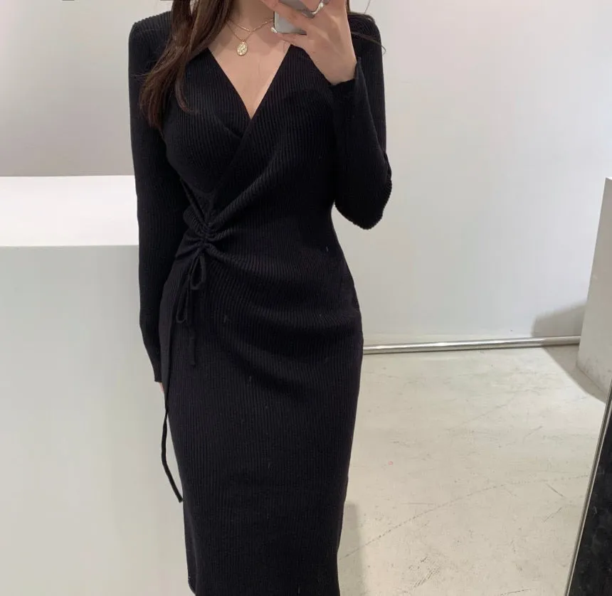 Joskaa Christmas Gift One Piece Korean Long Sleeve Sweater Dress Women High Waist Hip Bodycon Knit Dress V Neck Pullover Split Knitted Dress Vestidos