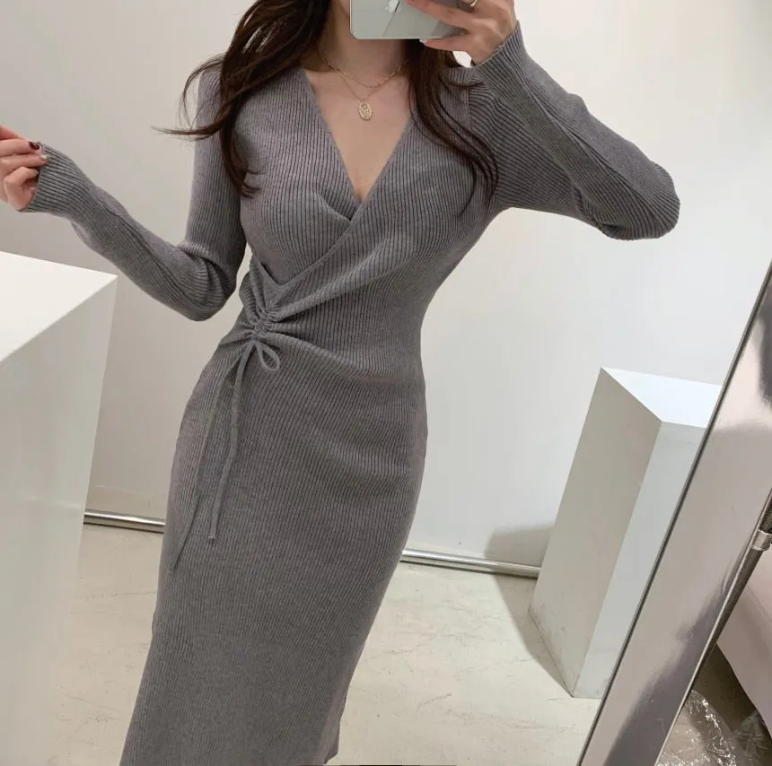 Joskaa Christmas Gift One Piece Korean Long Sleeve Sweater Dress Women High Waist Hip Bodycon Knit Dress V Neck Pullover Split Knitted Dress Vestidos