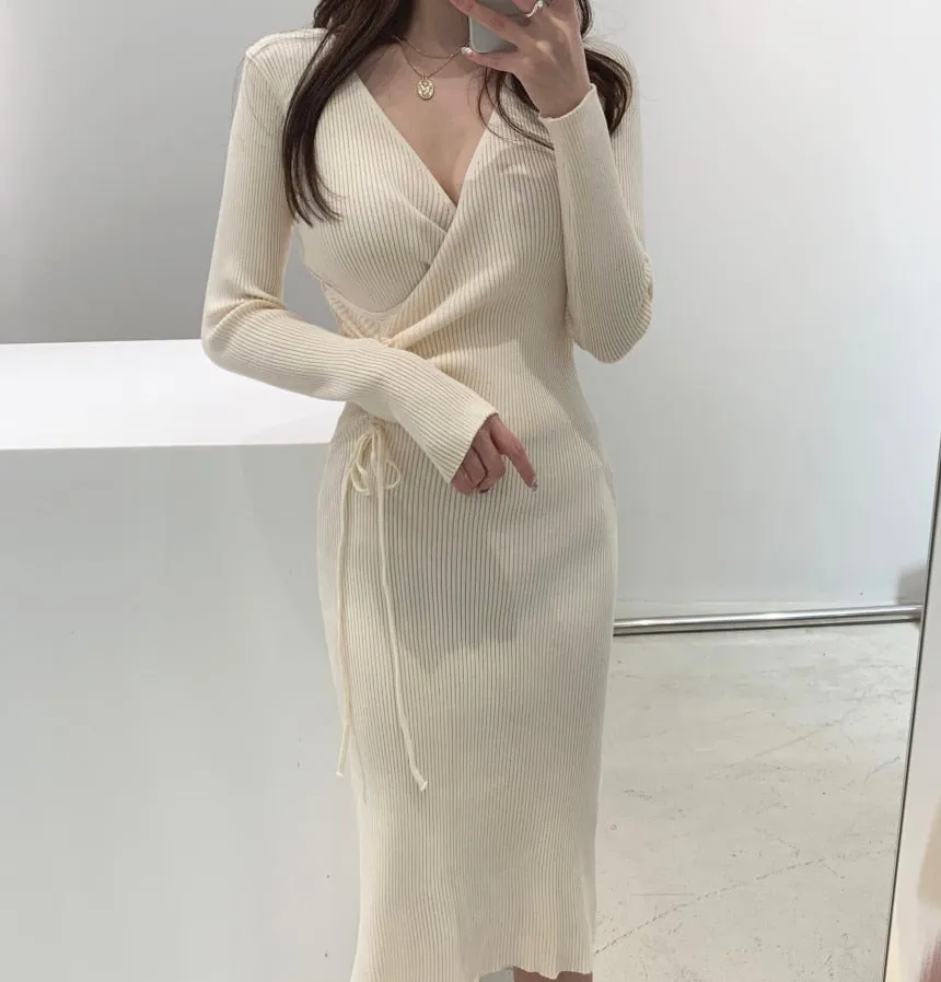 Joskaa Christmas Gift One Piece Korean Long Sleeve Sweater Dress Women High Waist Hip Bodycon Knit Dress V Neck Pullover Split Knitted Dress Vestidos