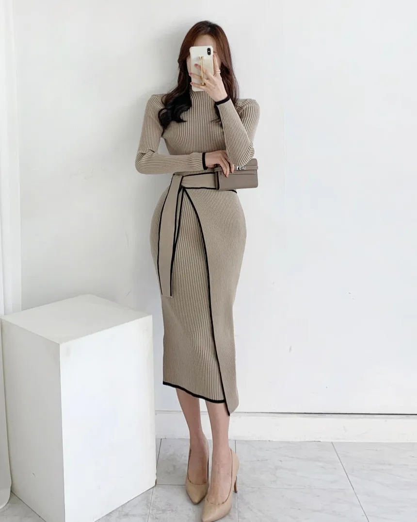 Joskaa Christmas Gift Woman Dress With Belt Vintage Patchwork Slim Knitted Midi Dresses Women Autumn Winter Elegant Sweater Knit Dress 2024 Vestidos