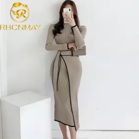 Joskaa Christmas Gift Woman Dress With Belt Vintage Patchwork Slim Knitted Midi Dresses Women Autumn Winter Elegant Sweater Knit Dress 2024 Vestidos