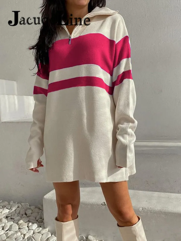 Joskaa hoco dresses Christmas Gift JacuqeLine 2024 Striped Sexy Mini Knitted Dress Women Y2K Long Sleeve Zipper Top Party Sweater Oversize Dresses Autumn Winter