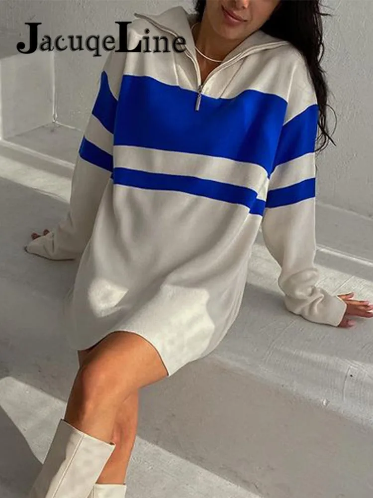 Joskaa hoco dresses Christmas Gift JacuqeLine 2024 Striped Sexy Mini Knitted Dress Women Y2K Long Sleeve Zipper Top Party Sweater Oversize Dresses Autumn Winter