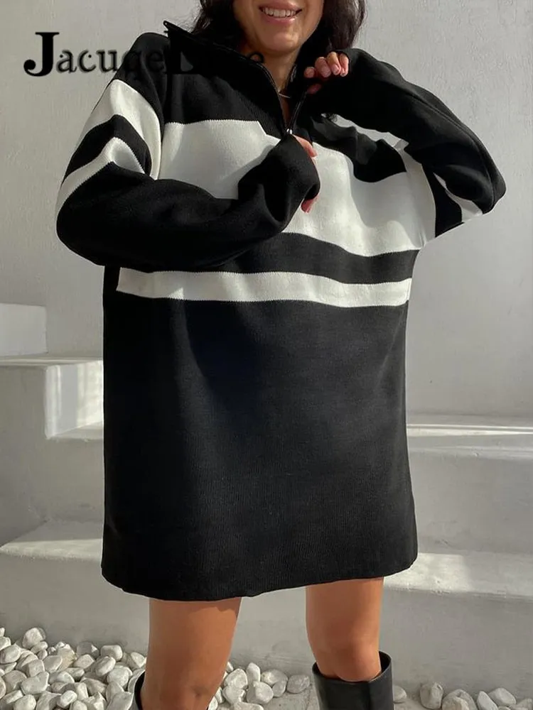 Joskaa hoco dresses Christmas Gift JacuqeLine 2024 Striped Sexy Mini Knitted Dress Women Y2K Long Sleeve Zipper Top Party Sweater Oversize Dresses Autumn Winter