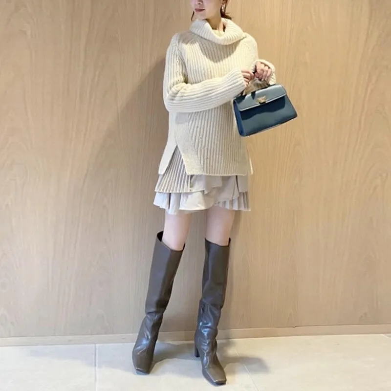 Joskaa hoco dresses Christmas Gift Kuzuwata 2024 New Autumn Women's Clothing High Neck Long Sleeve Side Slit Knitted Sweater Tops Ruffled Pleated Sling Dress Sets