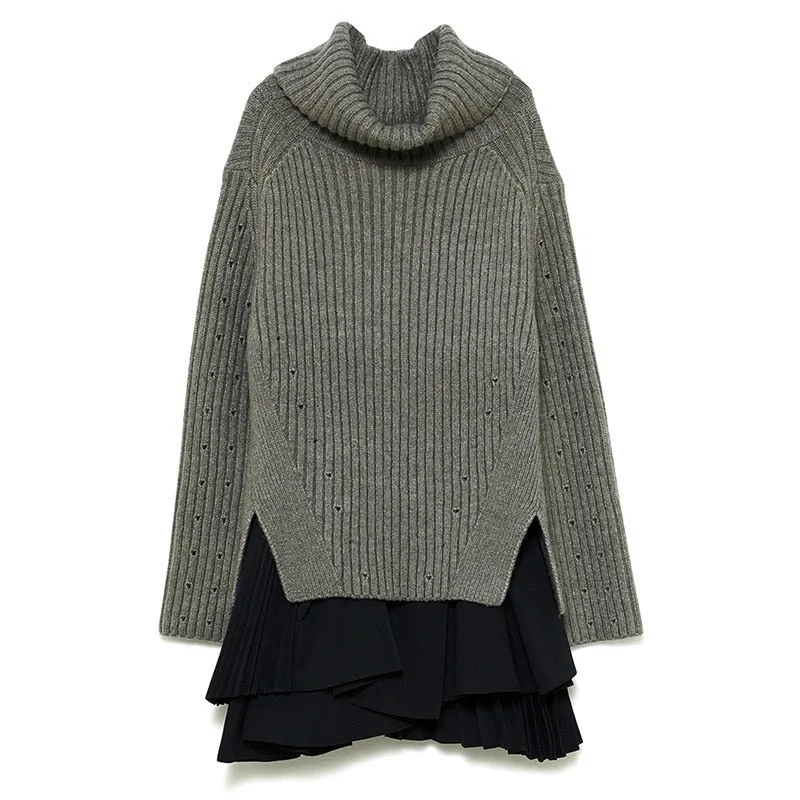 Joskaa hoco dresses Christmas Gift Kuzuwata 2024 New Autumn Women's Clothing High Neck Long Sleeve Side Slit Knitted Sweater Tops Ruffled Pleated Sling Dress Sets