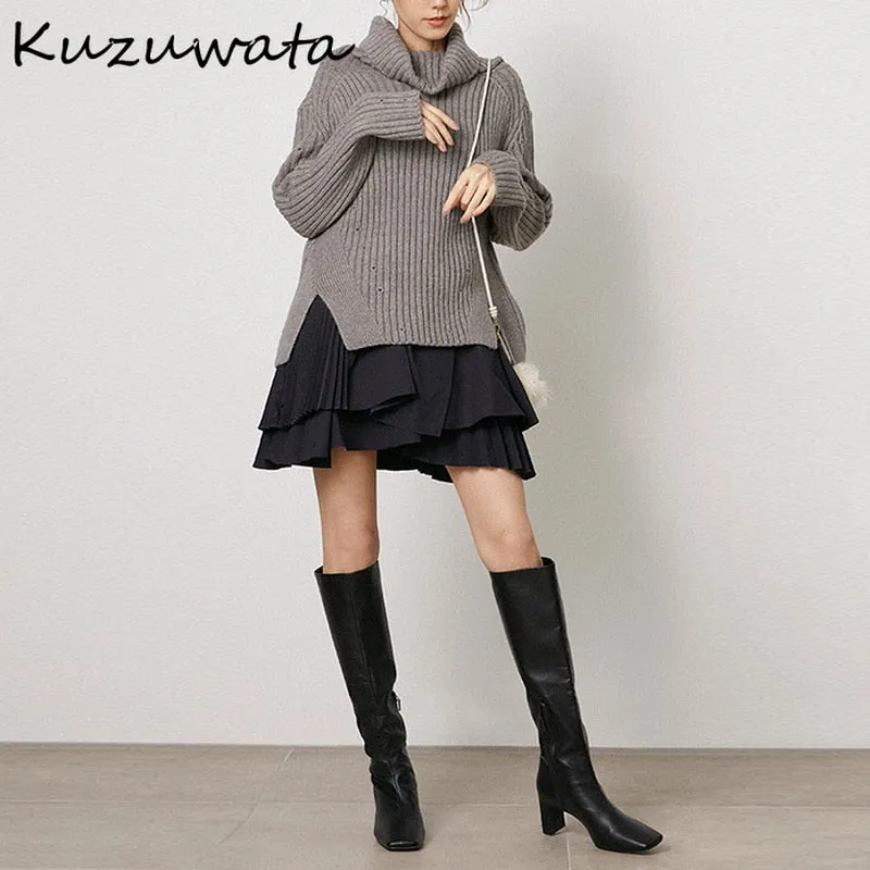 Joskaa hoco dresses Christmas Gift Kuzuwata 2024 New Autumn Women's Clothing High Neck Long Sleeve Side Slit Knitted Sweater Tops Ruffled Pleated Sling Dress Sets
