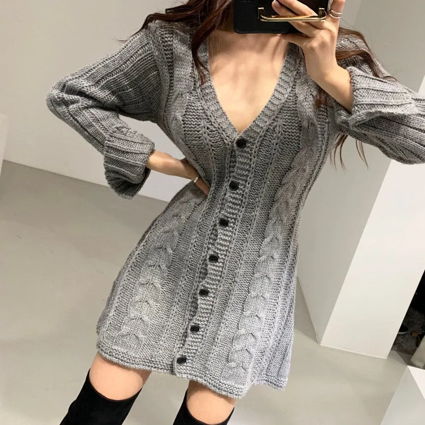 Joskaa Knitted Dresses for Women Autumn Winter 2024 Korean New Pullover Sexy V-Neck Long Sleeve A Line Button Up Sweater Dress