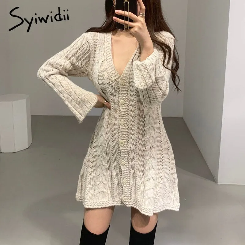 Joskaa Knitted Dresses for Women Autumn Winter 2024 Korean New Pullover Sexy V-Neck Long Sleeve A Line Button Up Sweater Dress