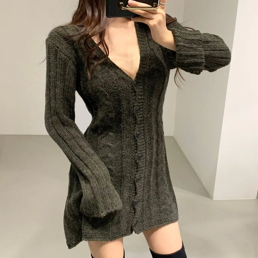Joskaa Knitted Dresses for Women Autumn Winter 2024 Korean New Pullover Sexy V-Neck Long Sleeve A Line Button Up Sweater Dress