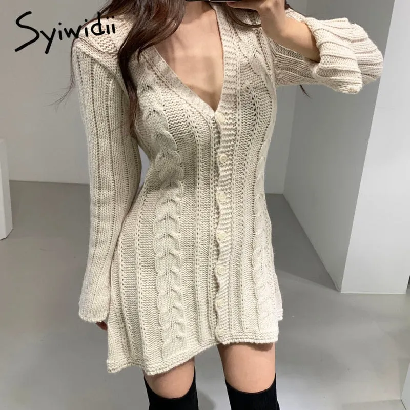 Joskaa Knitted Dresses for Women Autumn Winter 2024 Korean New Pullover Sexy V-Neck Long Sleeve A Line Button Up Sweater Dress