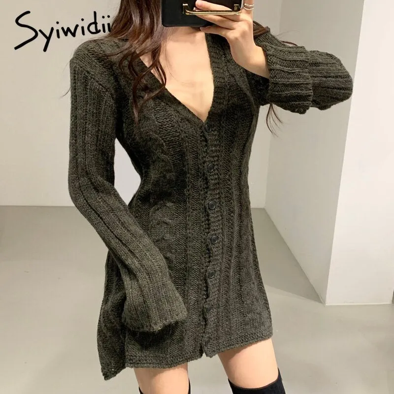 Joskaa Knitted Dresses for Women Autumn Winter 2024 Korean New Pullover Sexy V-Neck Long Sleeve A Line Button Up Sweater Dress