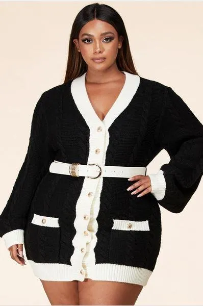 Kreeli Plus Size Cable Knit Cardigan Mini Dress