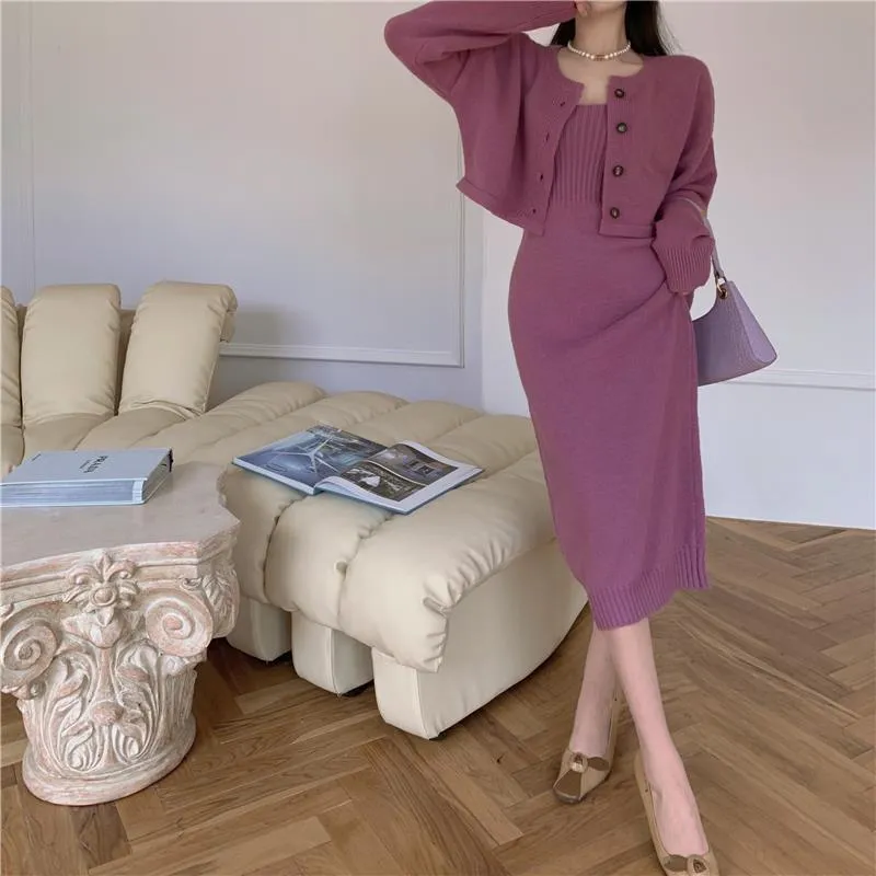 Lanfubeisi korean fashion Autumn 2024 New Women's Fashion Korean Style Sling Knitted Dress   Long Sleeve Cardigan Sweater Two-Piece Ins Fashion