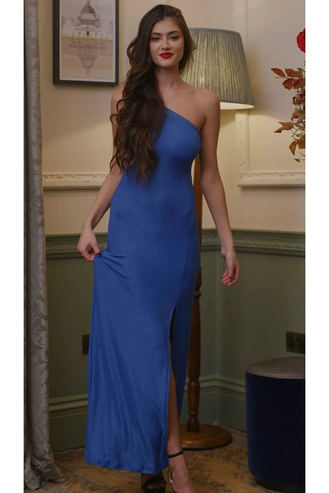 Liquorish Blue Lurex One Shoulder Jersey Maxi Dress With Long Slit