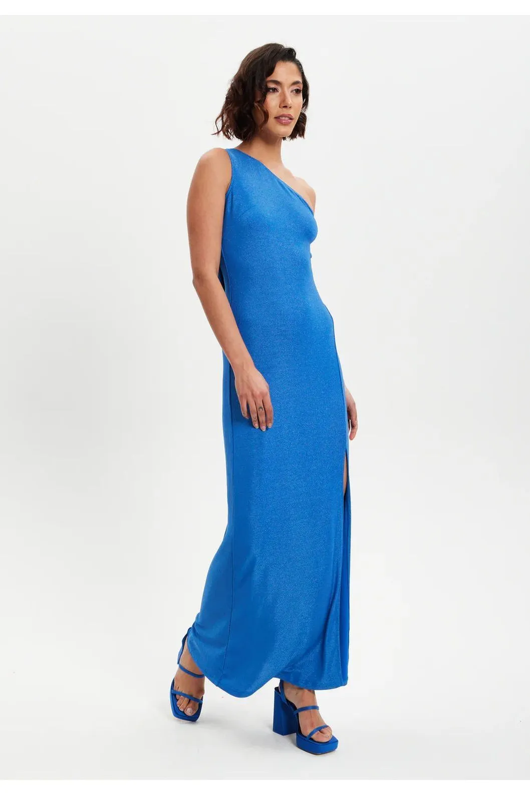 Liquorish Blue Lurex One Shoulder Jersey Maxi Dress With Long Slit