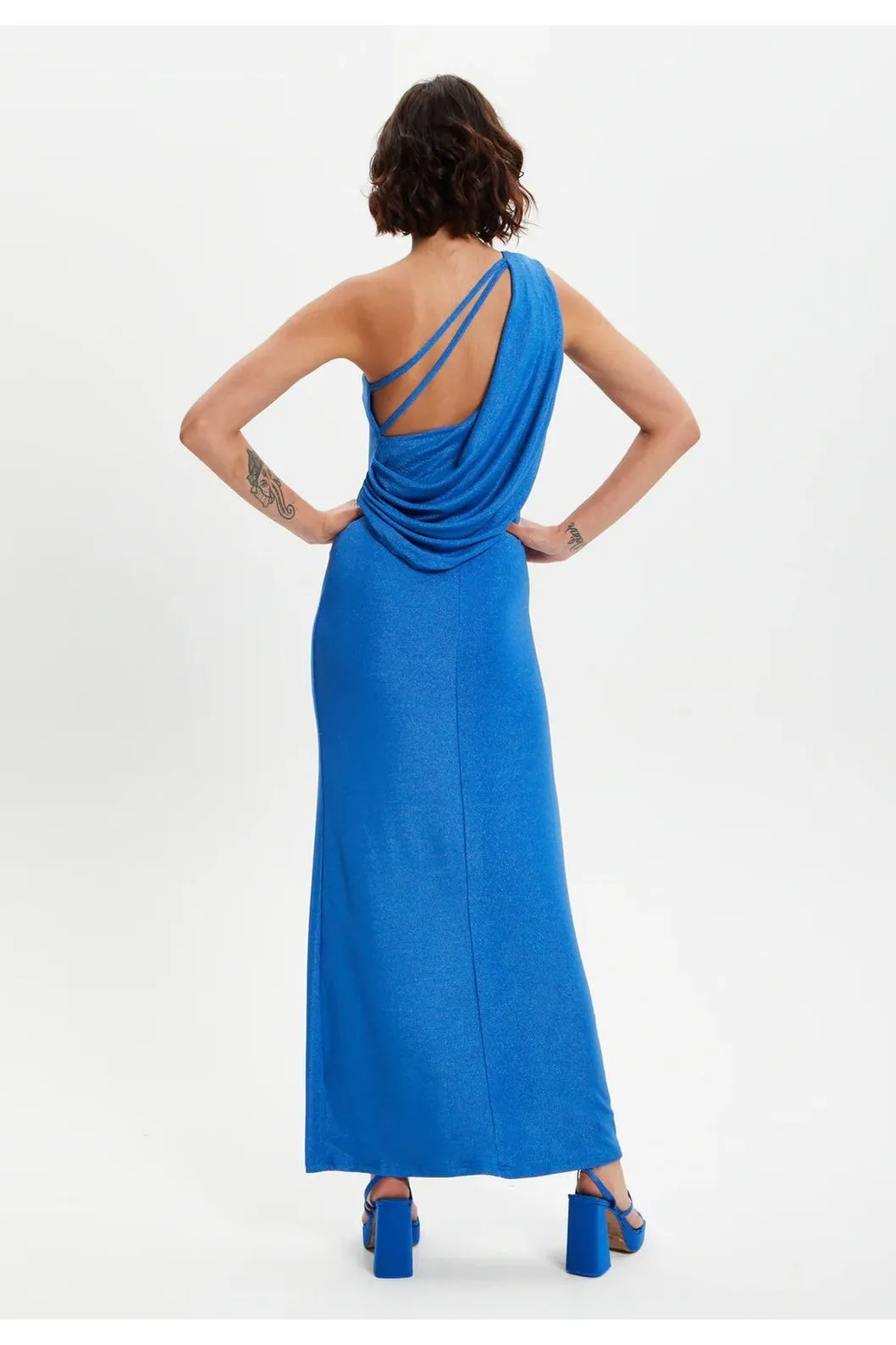 Liquorish Blue Lurex One Shoulder Jersey Maxi Dress With Long Slit