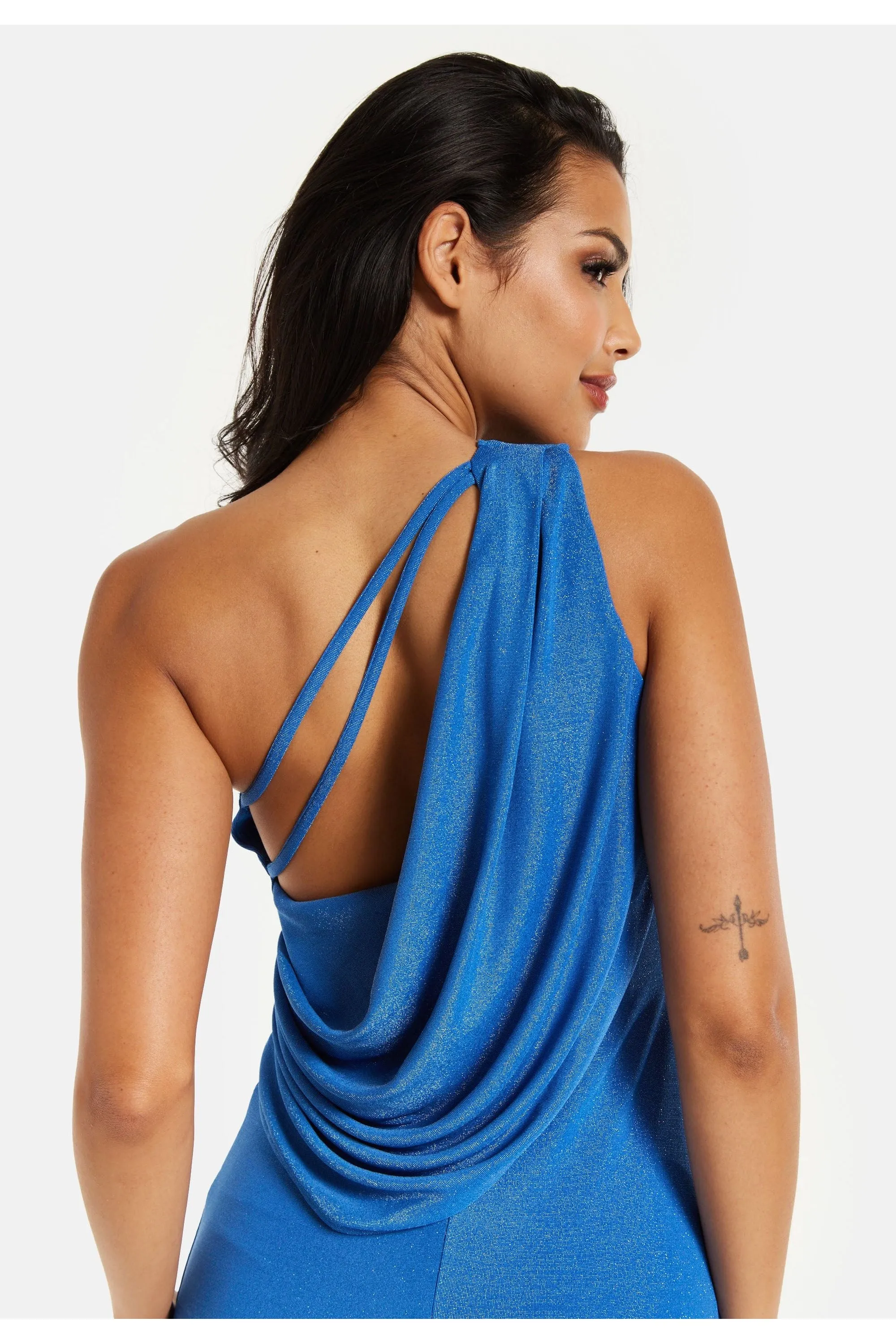 Liquorish Blue Lurex One Shoulder Jersey Maxi Dress With Long Slit