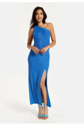 Liquorish Blue Lurex One Shoulder Jersey Maxi Dress With Long Slit
