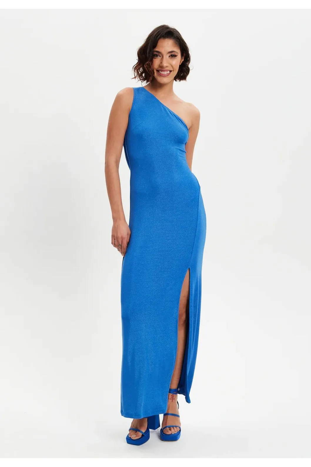 Liquorish Blue Lurex One Shoulder Jersey Maxi Dress With Long Slit