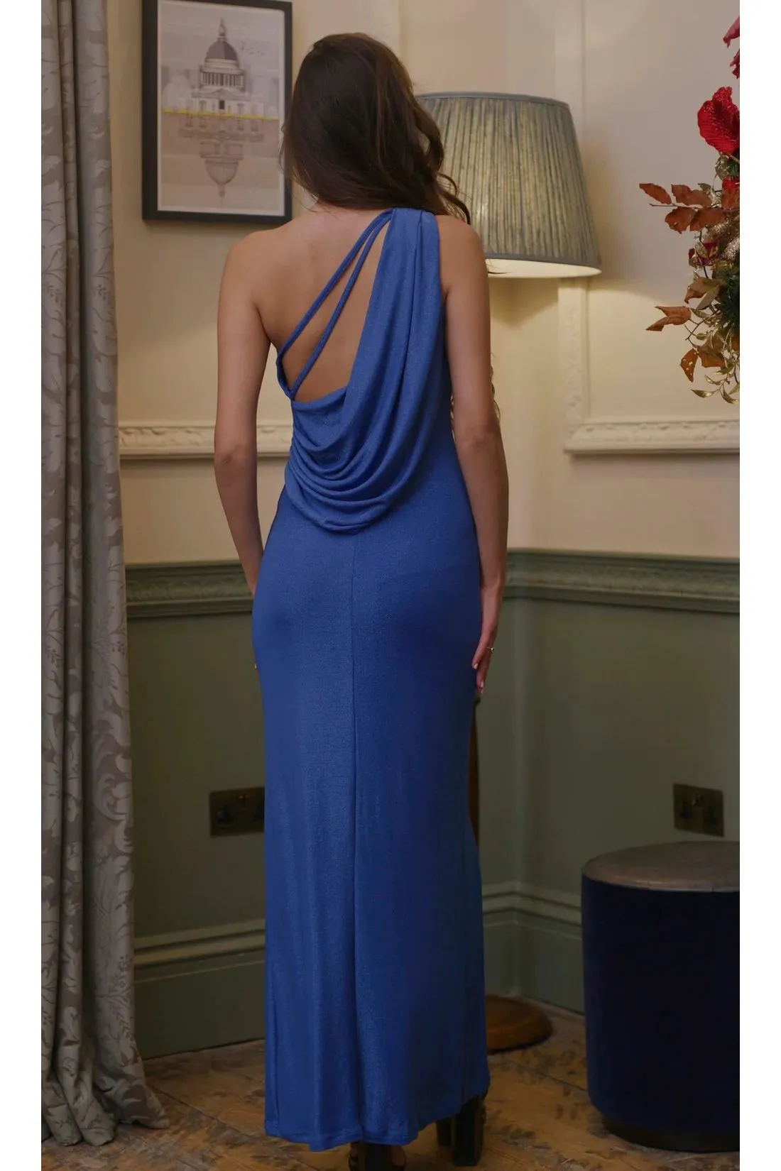 Liquorish Blue Lurex One Shoulder Jersey Maxi Dress With Long Slit