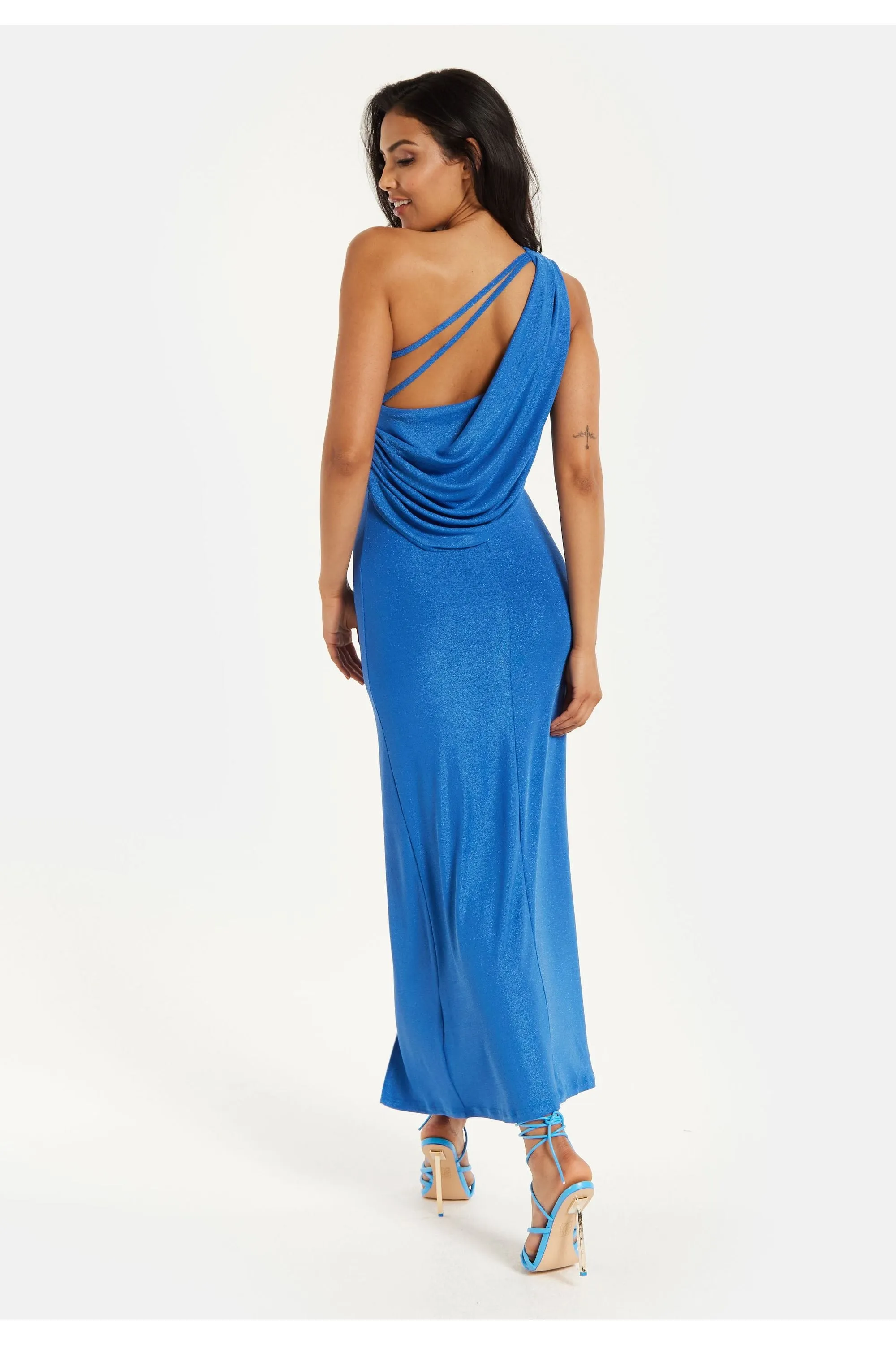 Liquorish Blue Lurex One Shoulder Jersey Maxi Dress With Long Slit