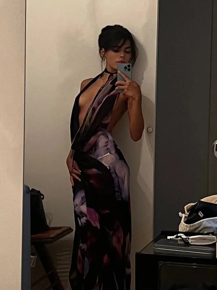 Sexy Purple Print Halter Bodycon Dress Summer Beach Outfits Elegant Sleeveless Club Party Dress