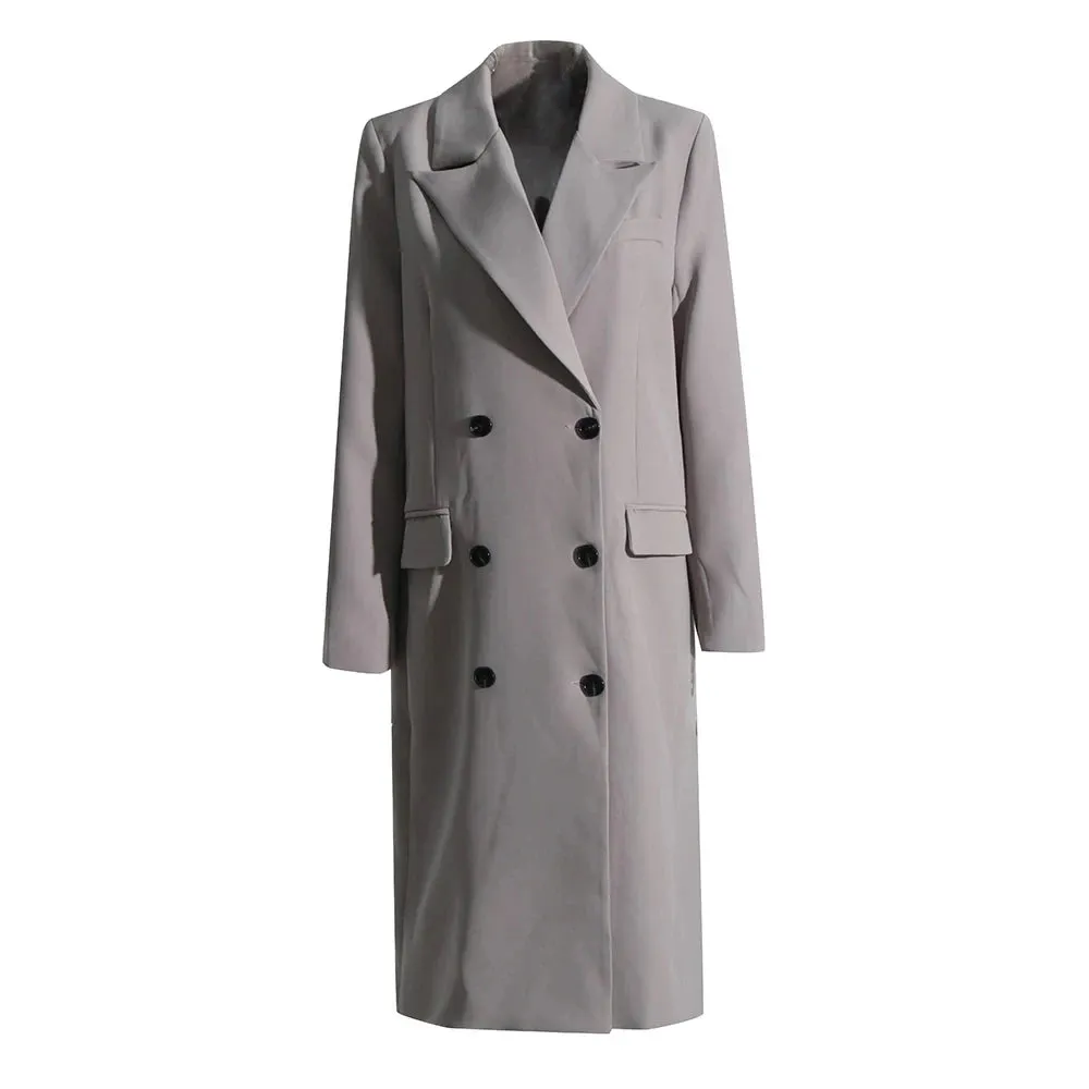 Solid Spliced Double Breasted Windbreaker For Women Lapel Long Sleeve Patchwork Pocket Temperament Trench Female
