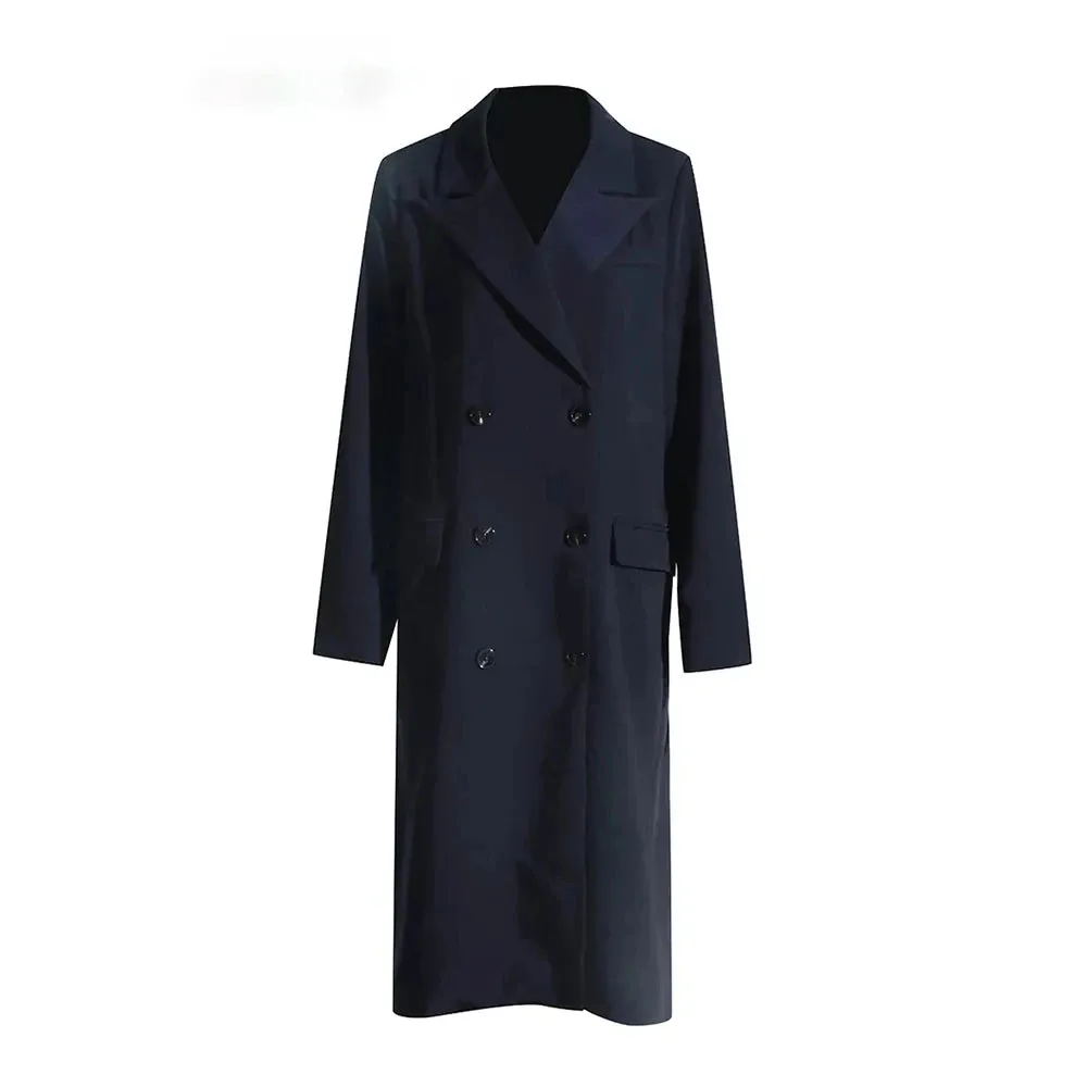 Solid Spliced Double Breasted Windbreaker For Women Lapel Long Sleeve Patchwork Pocket Temperament Trench Female
