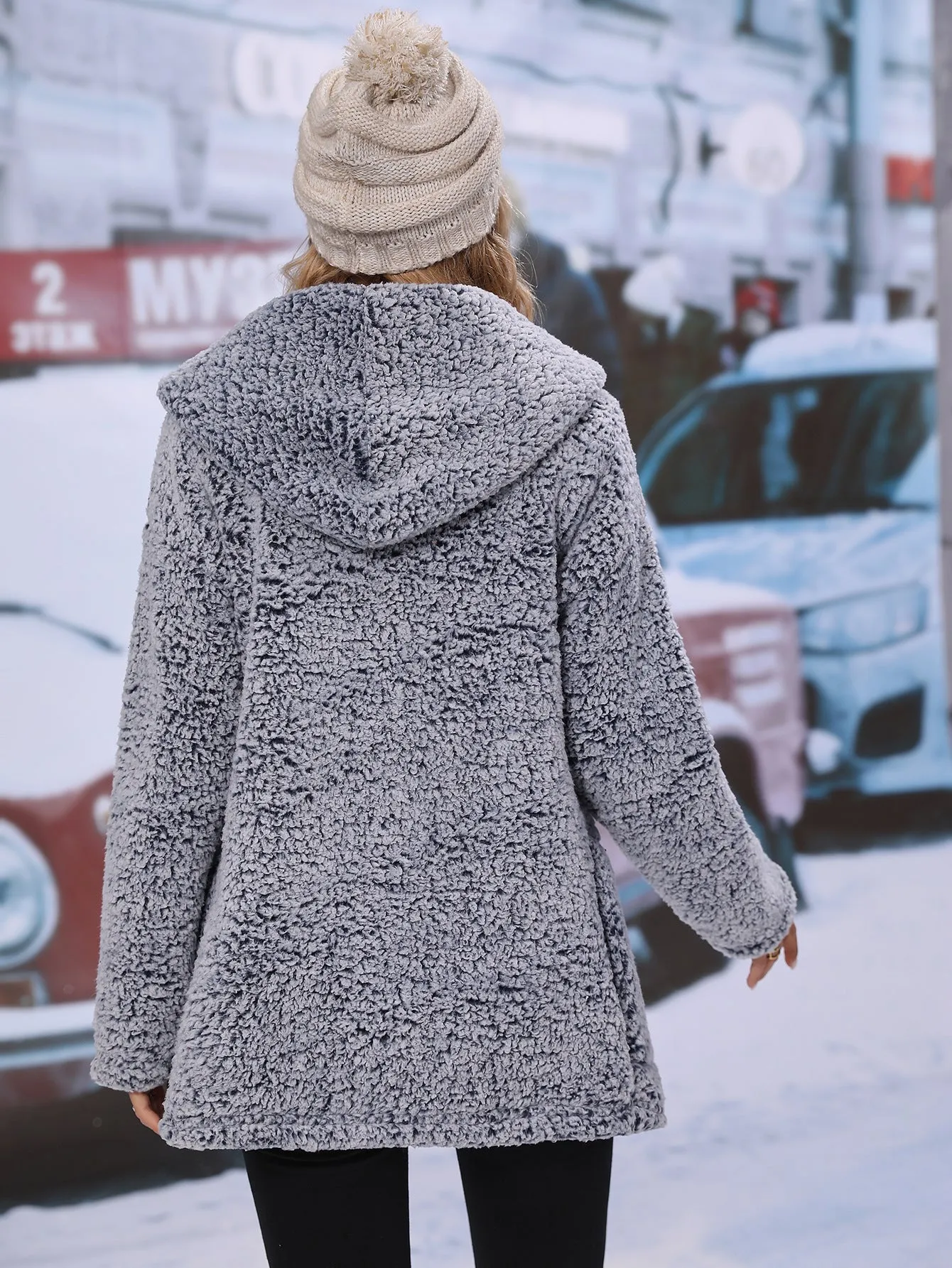 Spring Autumn Woman Hooded Oversized Plush Faux Sherpa Shearling Cardigan