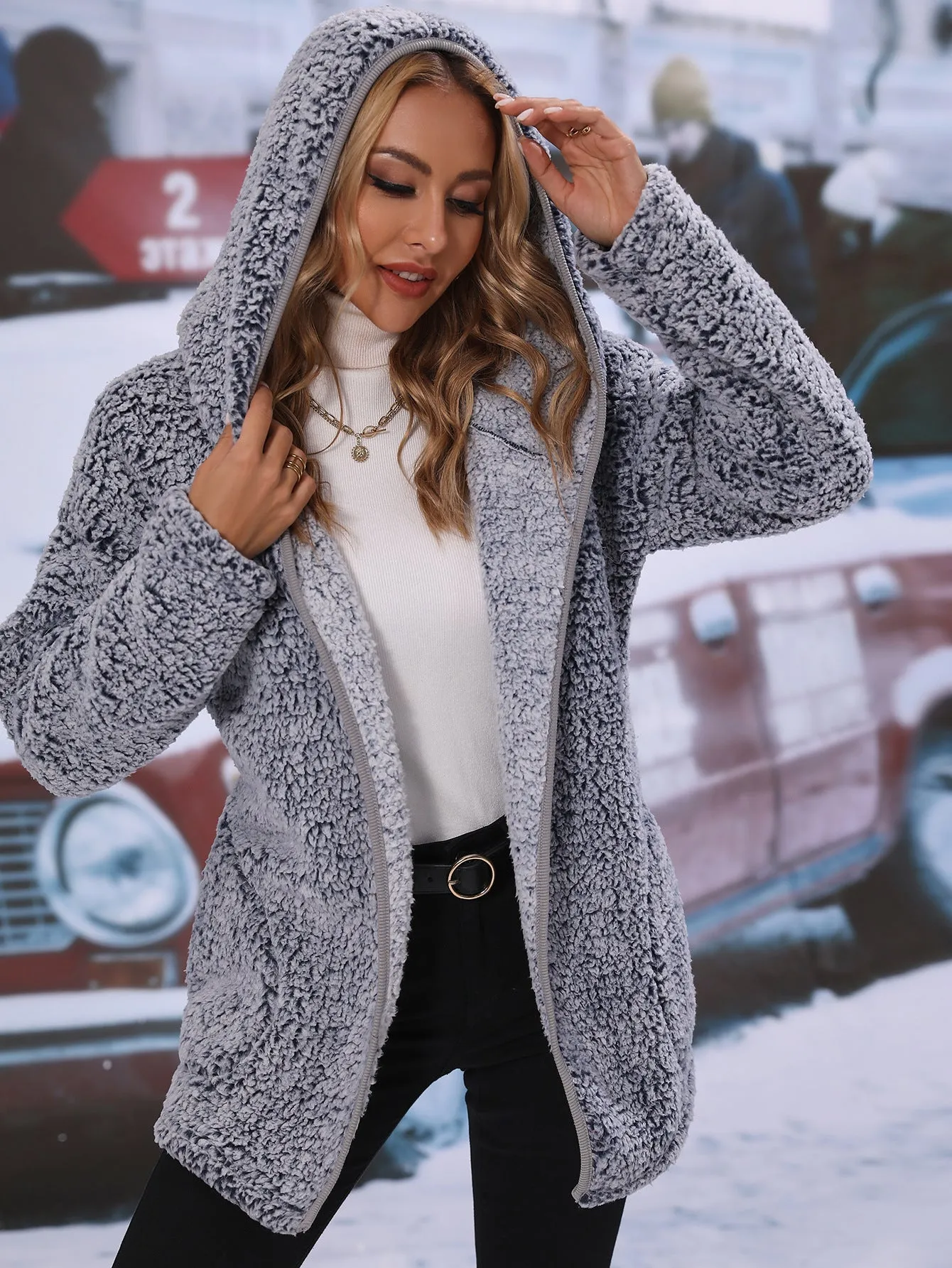 Spring Autumn Woman Hooded Oversized Plush Faux Sherpa Shearling Cardigan