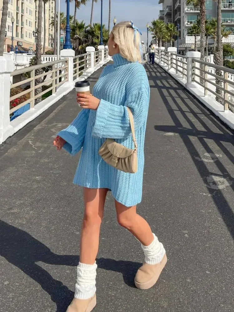 TAVIMART  -  2025 Autumn Winter Blue Sweater Dress Fashion High Collar Knit Short Dress Loose Straight Solid Flare Sleeve Casual Women Dress