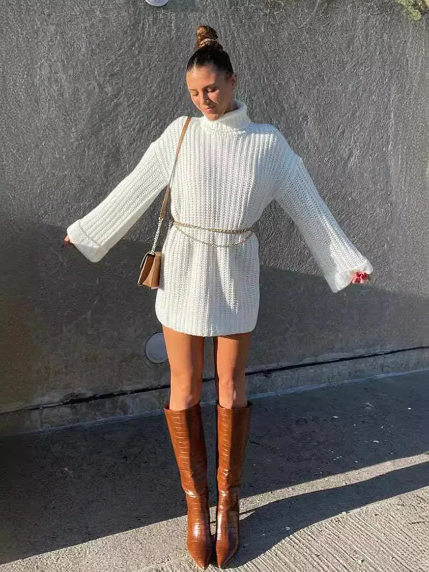 TAVIMART  -  2025 Autumn Winter Blue Sweater Dress Fashion High Collar Knit Short Dress Loose Straight Solid Flare Sleeve Casual Women Dress