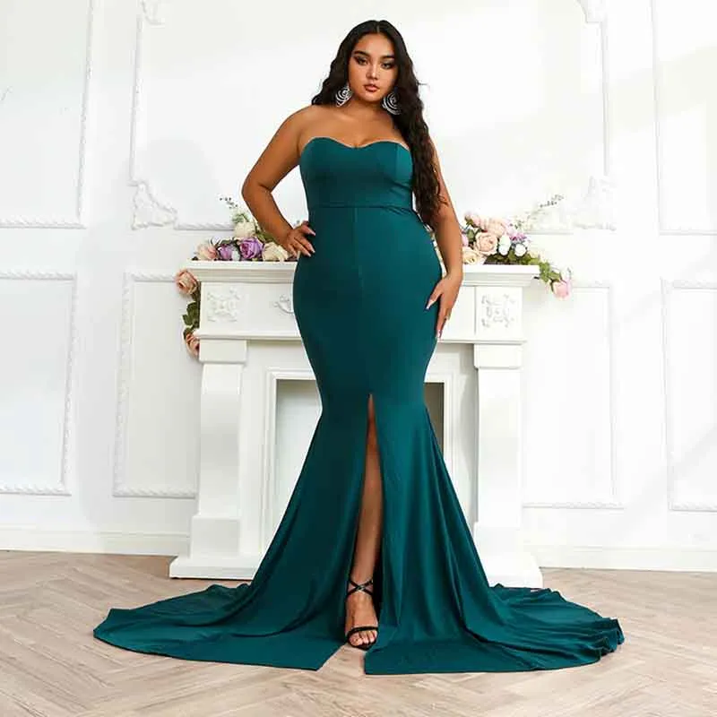 Women Prom Gown Plus Size Strapless Slit Front Wedding Evening Party Maxi Dress